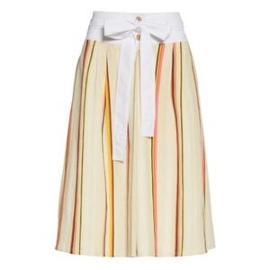 Tory Burch Yellow Cream Midi A-Line Skirt with Pleats and Tie Front